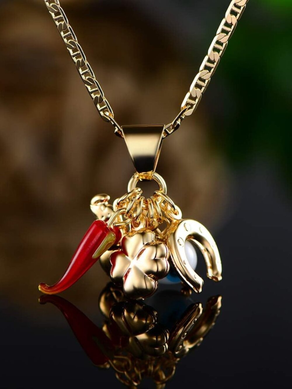 18K Gold Plated Luck Charms Necklace With Mariner Chain – Made In Brazil - Picture 5 of 6